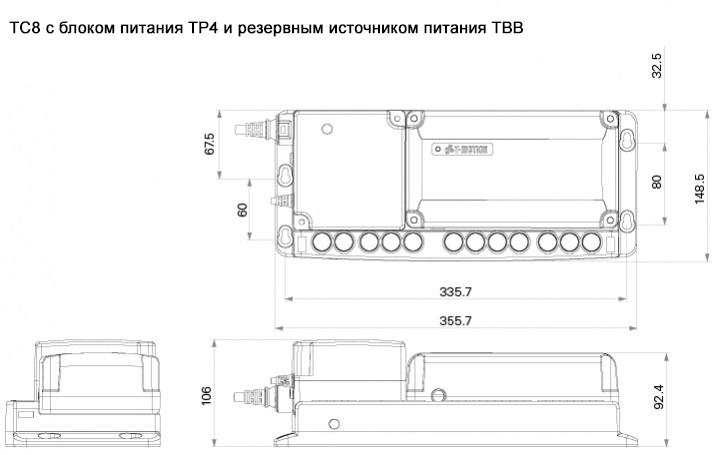 Стандартные габаритные размеры контроллера TiMotion серии TC8 при наличии TP4 и TBB