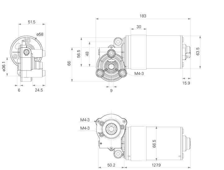 Стандартные габаритные размеры мотор-редуктора TiMotion серии TGM2