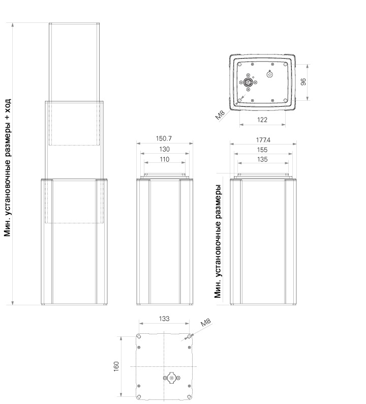 Стандартные габаритные размеры подъемной колонны TiMotion серии TL3